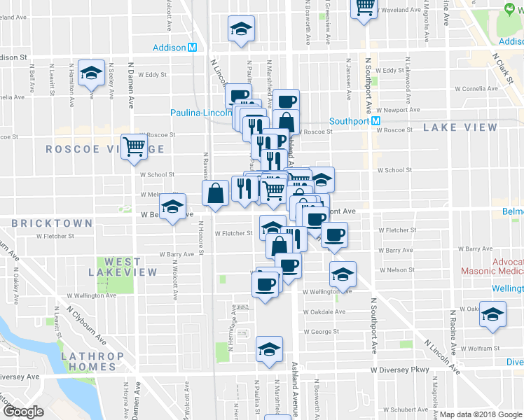 map of restaurants, bars, coffee shops, grocery stores, and more near 1642 West Belmont Avenue in Chicago