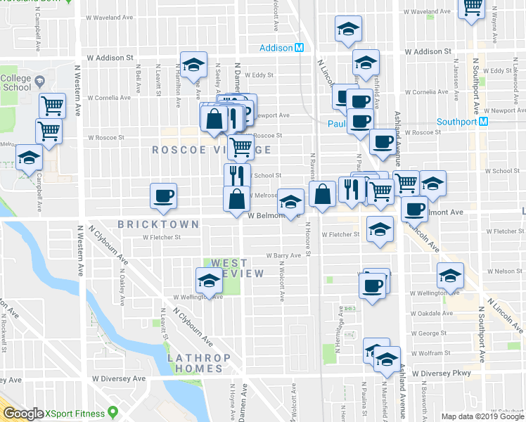map of restaurants, bars, coffee shops, grocery stores, and more near 1912 West Belmont Avenue in Chicago