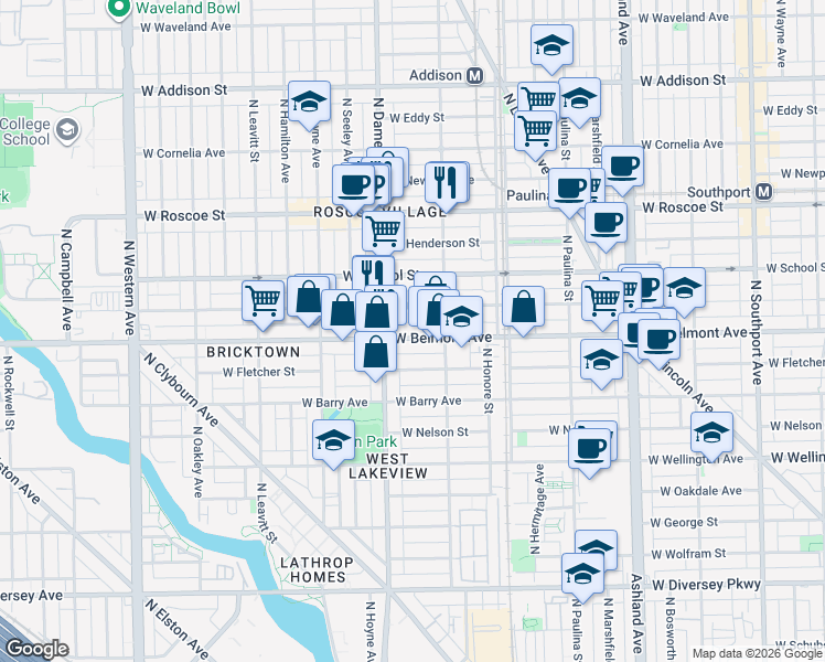 map of restaurants, bars, coffee shops, grocery stores, and more near 1912 West Belmont Avenue in Chicago