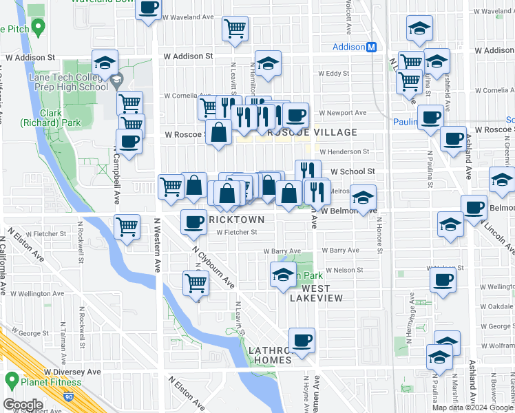 map of restaurants, bars, coffee shops, grocery stores, and more near 2143 West Melrose Street in Chicago