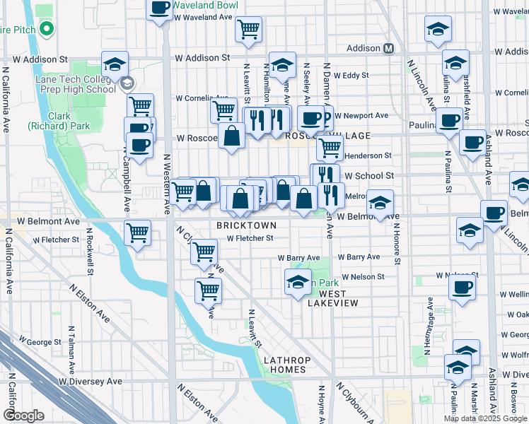 map of restaurants, bars, coffee shops, grocery stores, and more near 2143 West Melrose Street in Chicago