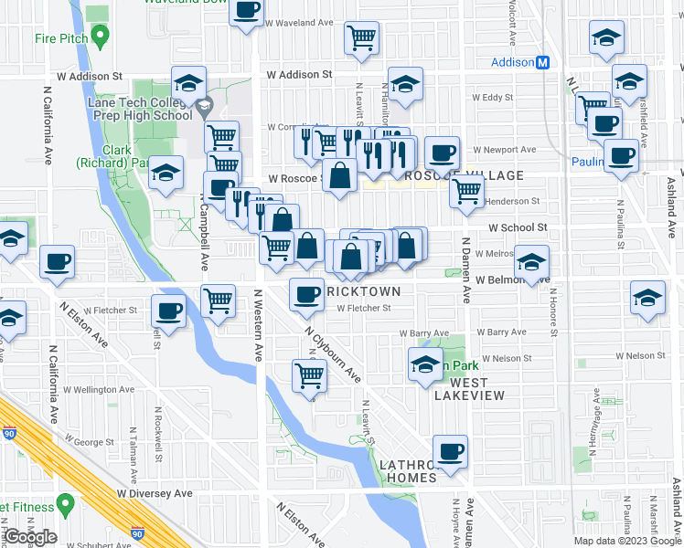map of restaurants, bars, coffee shops, grocery stores, and more near 2219 West Melrose Street in Chicago