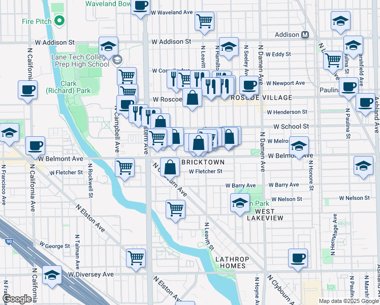 map of restaurants, bars, coffee shops, grocery stores, and more near 2219 West Melrose Street in Chicago
