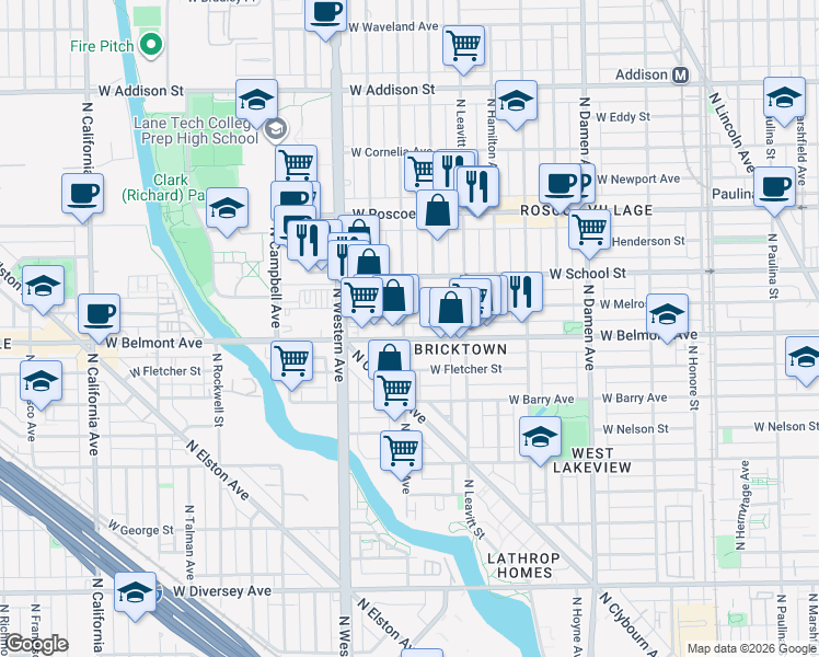 map of restaurants, bars, coffee shops, grocery stores, and more near 2253 West Melrose Street in Chicago