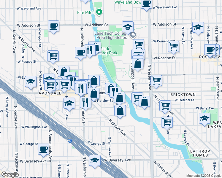 map of restaurants, bars, coffee shops, grocery stores, and more near 3216 North Talman Avenue in Chicago