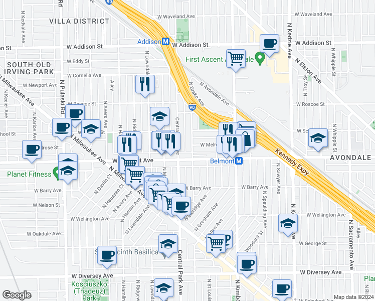 map of restaurants, bars, coffee shops, grocery stores, and more near 3225 North Central Park Avenue in Chicago