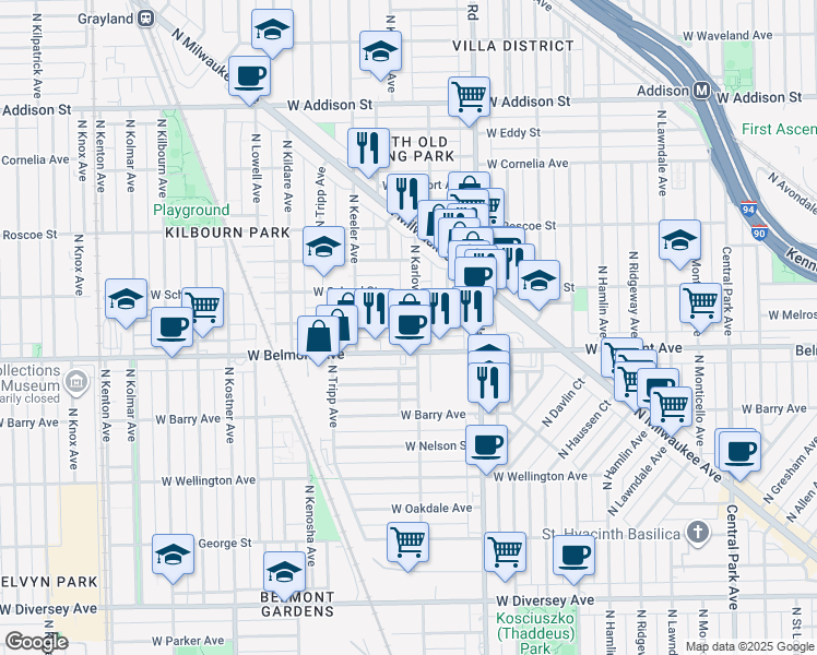 map of restaurants, bars, coffee shops, grocery stores, and more near 4122 West Melrose Street in Chicago