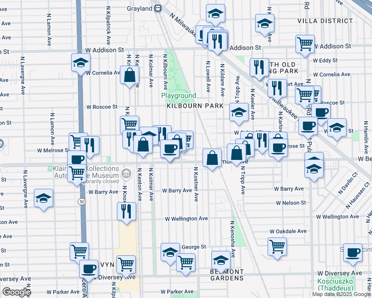 map of restaurants, bars, coffee shops, grocery stores, and more near 3235 North Kenneth Avenue in Chicago