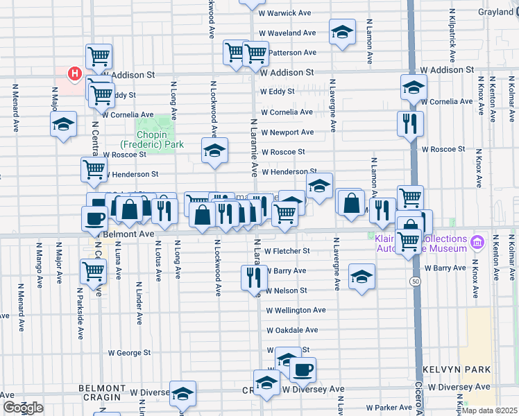 map of restaurants, bars, coffee shops, grocery stores, and more near 5142 West Melrose Street in Chicago