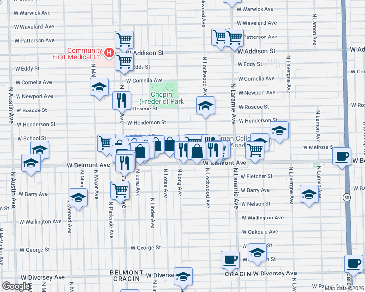 map of restaurants, bars, coffee shops, grocery stores, and more near 5405 West School Street in Chicago