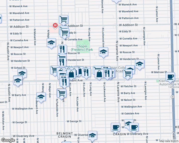 map of restaurants, bars, coffee shops, grocery stores, and more near 5405 West School Street in Chicago