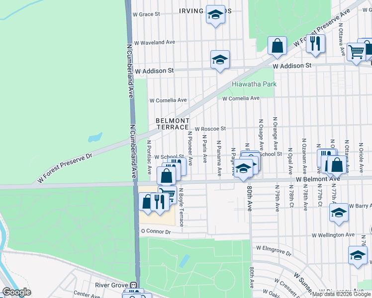map of restaurants, bars, coffee shops, grocery stores, and more near 3323 North Pioneer Avenue in Chicago