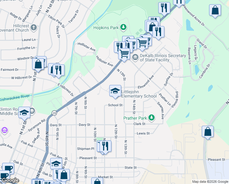 map of restaurants, bars, coffee shops, grocery stores, and more near 168 Oak Drive in DeKalb
