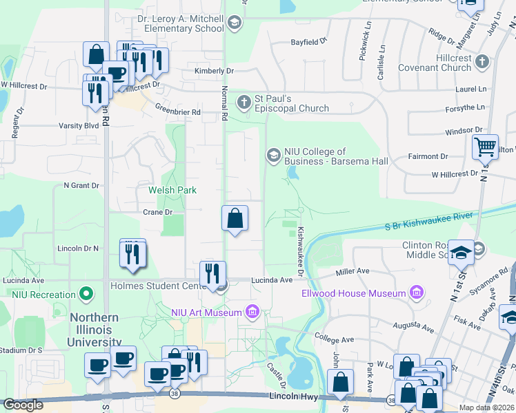 map of restaurants, bars, coffee shops, grocery stores, and more near 540 Northern Lane in DeKalb