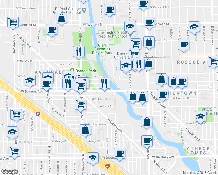 map of restaurants, bars, coffee shops, grocery stores, and more near 3209 North Rockwell Street in Chicago