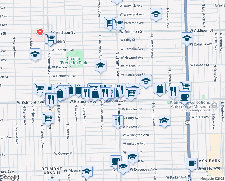 map of restaurants, bars, coffee shops, grocery stores, and more near 5220 West Melrose Street in Chicago