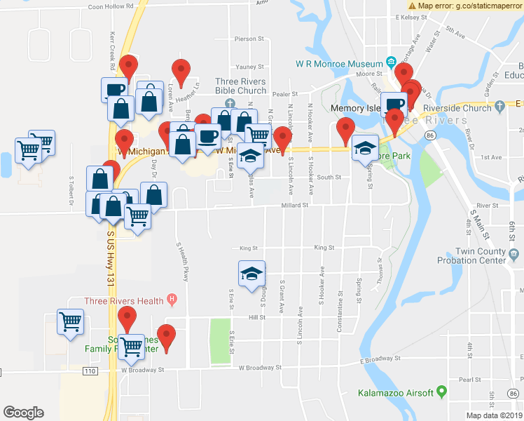 map of restaurants, bars, coffee shops, grocery stores, and more near 800 Millard Street in Three Rivers