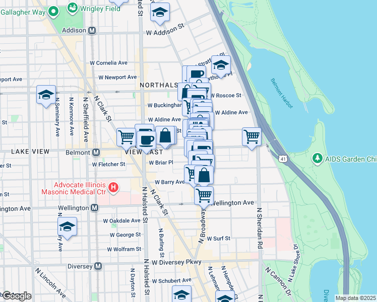 map of restaurants, bars, coffee shops, grocery stores, and more near 625 West Belmont Avenue in Chicago