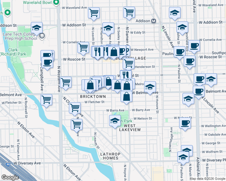 map of restaurants, bars, coffee shops, grocery stores, and more near 3205 North Hoyne Avenue in Chicago