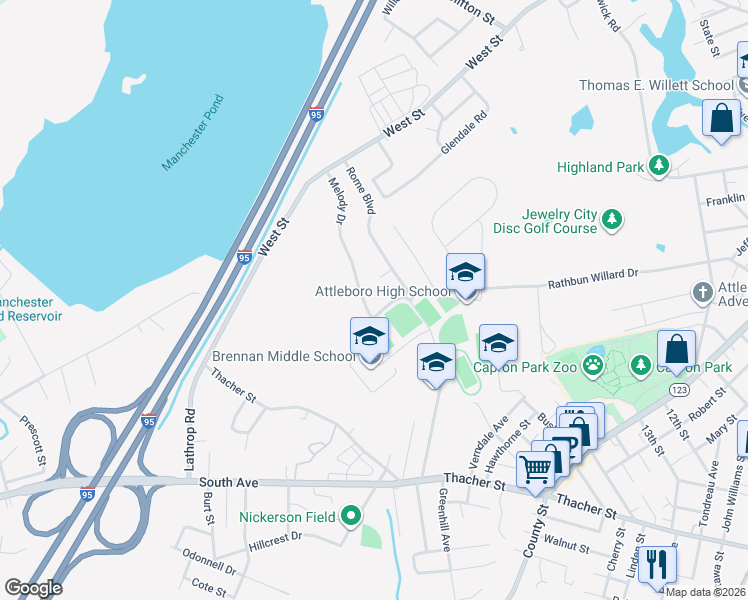 map of restaurants, bars, coffee shops, grocery stores, and more near 125 Melody Drive in Attleboro