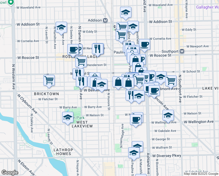 map of restaurants, bars, coffee shops, grocery stores, and more near 1802 West Belmont Avenue in Chicago