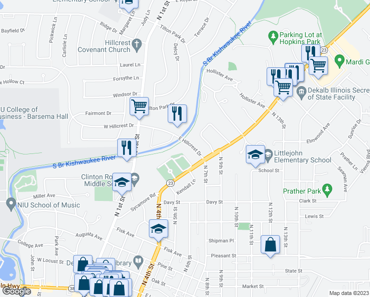 map of restaurants, bars, coffee shops, grocery stores, and more near 400 East Hillcrest Drive in DeKalb