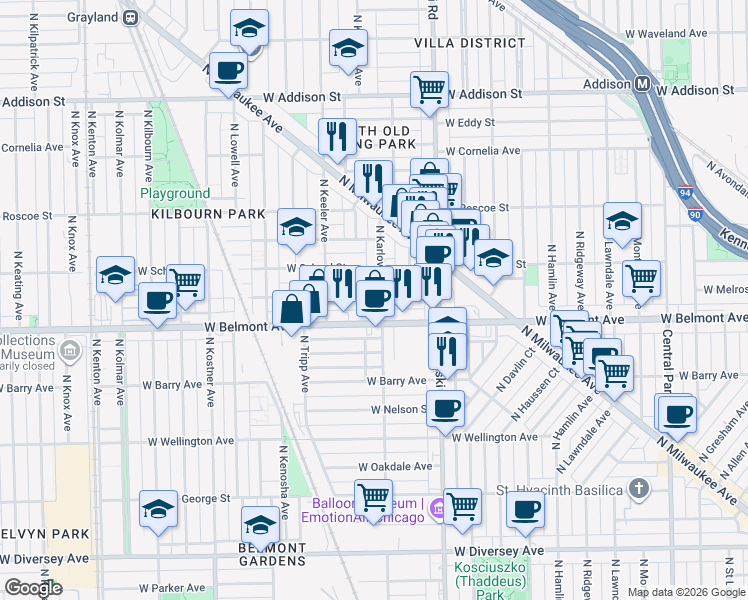 map of restaurants, bars, coffee shops, grocery stores, and more near 4122 West Melrose Street in Chicago