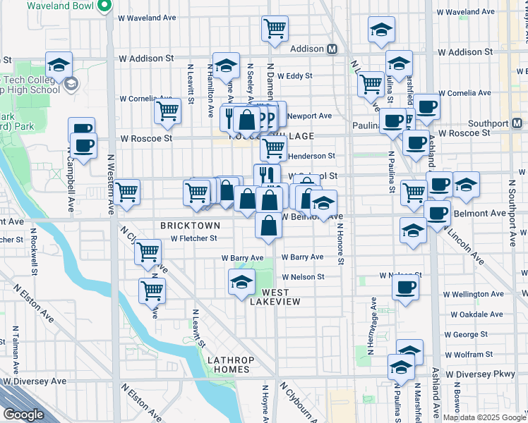 map of restaurants, bars, coffee shops, grocery stores, and more near 2000 West Belmont Avenue in Chicago