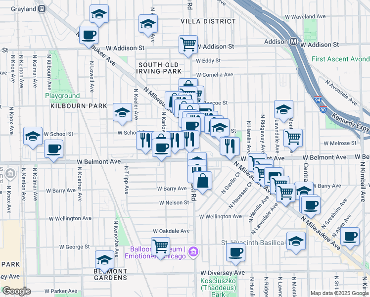 map of restaurants, bars, coffee shops, grocery stores, and more near 4015 West Melrose Street in Chicago