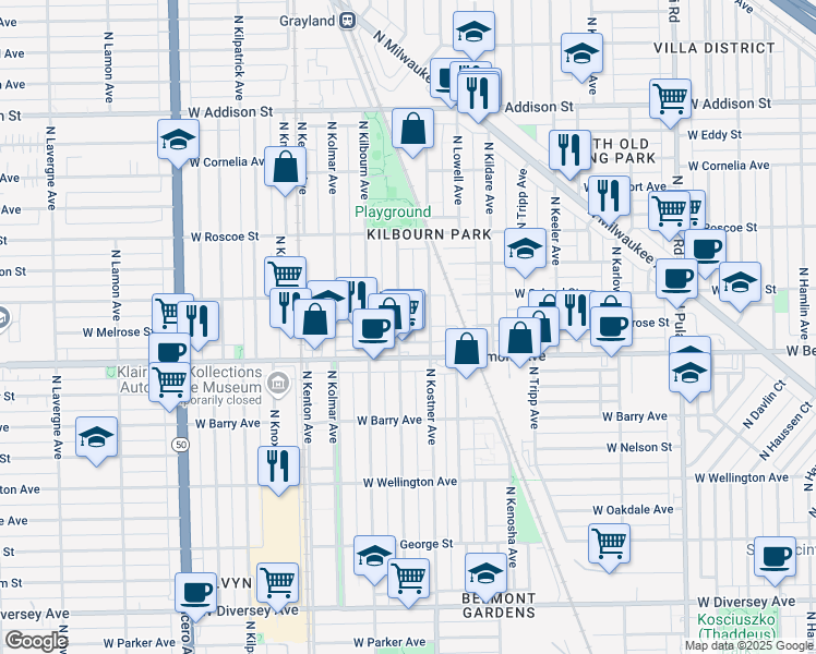 map of restaurants, bars, coffee shops, grocery stores, and more near 3235 North Kenneth Avenue in Chicago