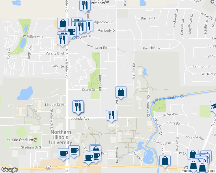 map of restaurants, bars, coffee shops, grocery stores, and more near 9 Pheasant Run in DeKalb