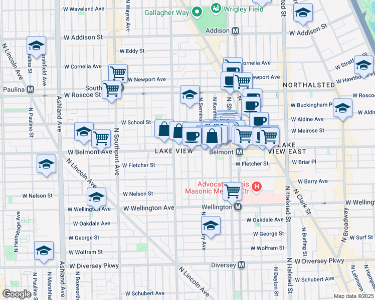 map of restaurants, bars, coffee shops, grocery stores, and more near W Belmont Ave & N Clifton Ave in Chicago