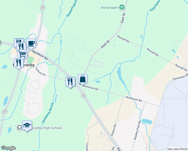 map of restaurants, bars, coffee shops, grocery stores, and more near 8 Harvest Lane in East Granby