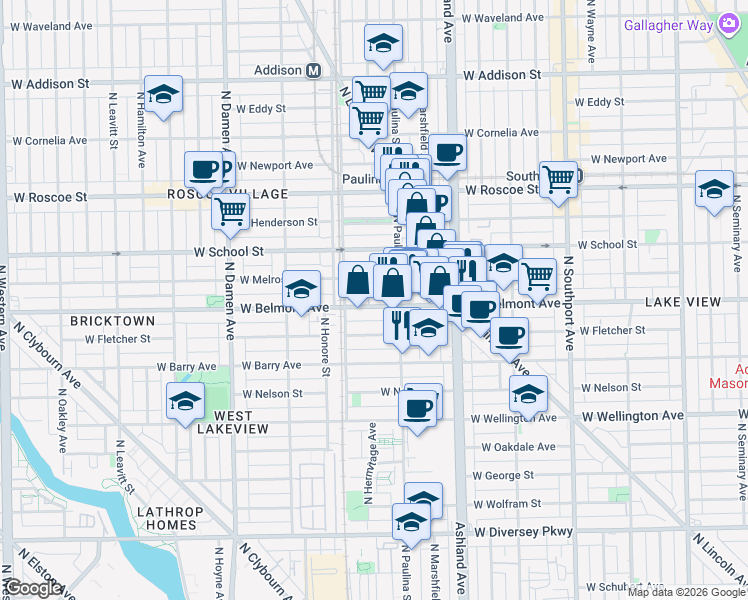 map of restaurants, bars, coffee shops, grocery stores, and more near 1724 West Belmont Avenue in Chicago