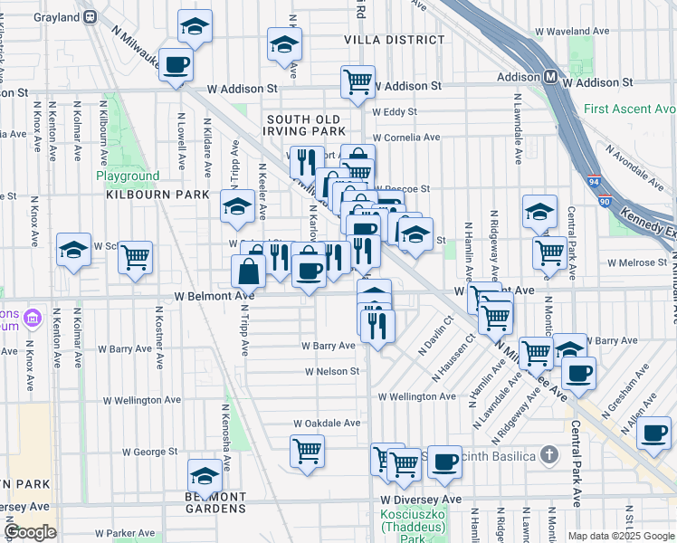 map of restaurants, bars, coffee shops, grocery stores, and more near 4033 West Melrose Street in Chicago