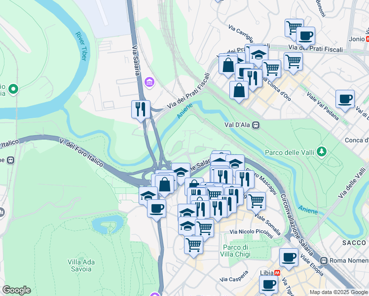map of restaurants, bars, coffee shops, grocery stores, and more near 15 Via del Prato della Signora in Roma