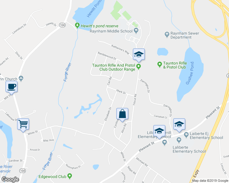 map of restaurants, bars, coffee shops, grocery stores, and more near 80 Mark Drive in Raynham