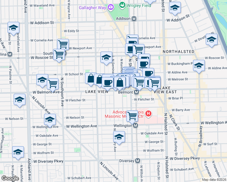 map of restaurants, bars, coffee shops, grocery stores, and more near W Belmont Ave & N Seminary Ave in Chicago