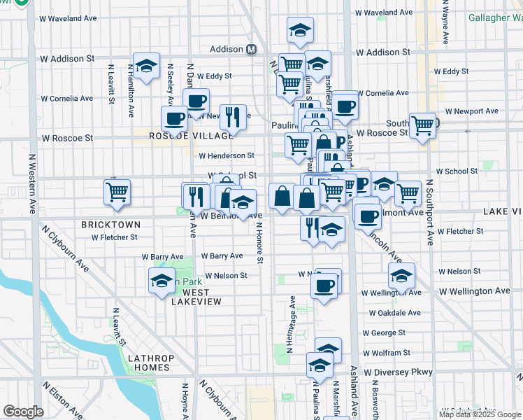 map of restaurants, bars, coffee shops, grocery stores, and more near 1802 West Belmont Avenue in Chicago