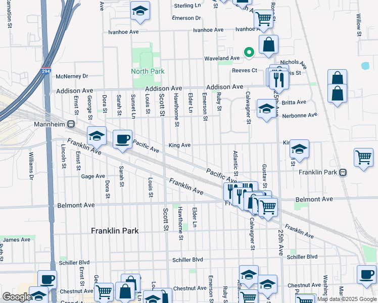 map of restaurants, bars, coffee shops, grocery stores, and more near 3342 Elder Lane in Franklin Park