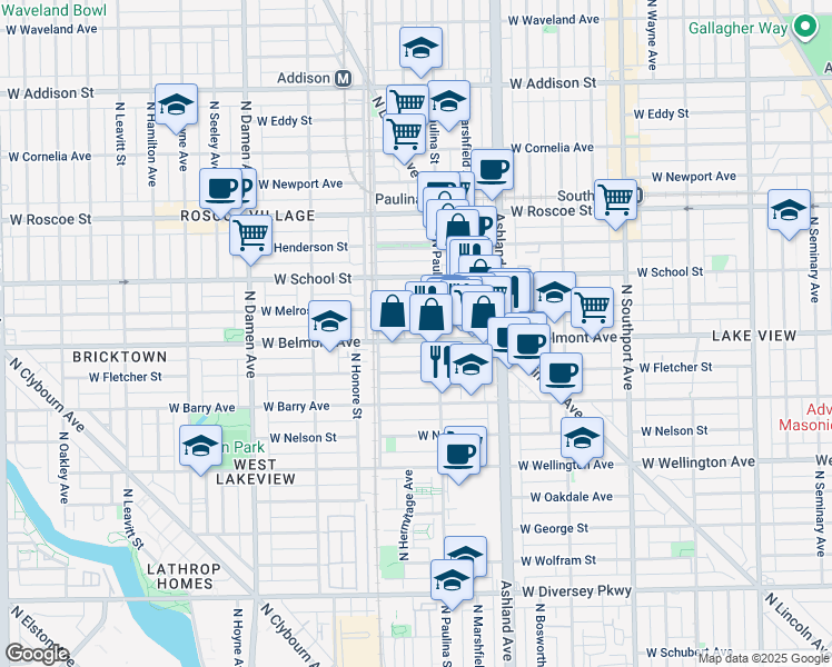 map of restaurants, bars, coffee shops, grocery stores, and more near 1720 West Belmont Avenue in Chicago