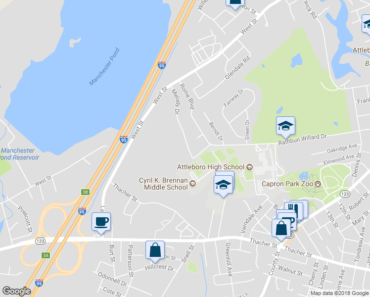 map of restaurants, bars, coffee shops, grocery stores, and more near 125 Melody Drive in Attleboro