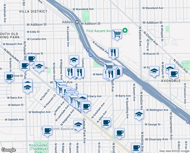 map of restaurants, bars, coffee shops, grocery stores, and more near 3523 West Melrose Street in Chicago