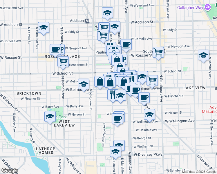 map of restaurants, bars, coffee shops, grocery stores, and more near 1710 West Belmont Avenue in Chicago