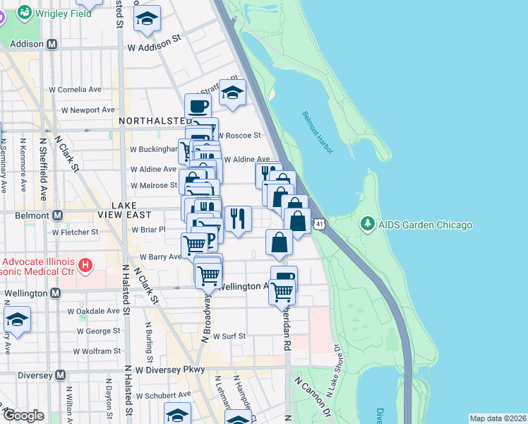 map of restaurants, bars, coffee shops, grocery stores, and more near 421 West Belmont Avenue in Chicago