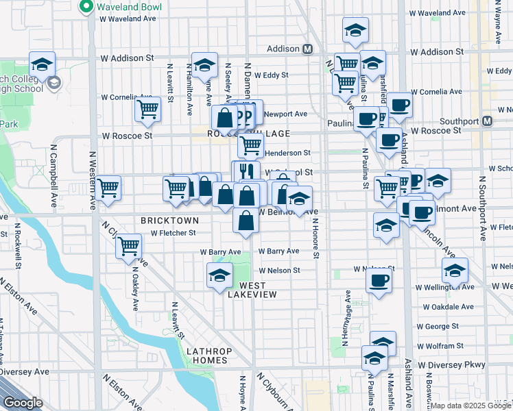 map of restaurants, bars, coffee shops, grocery stores, and more near 3201 North Damen Avenue in Chicago