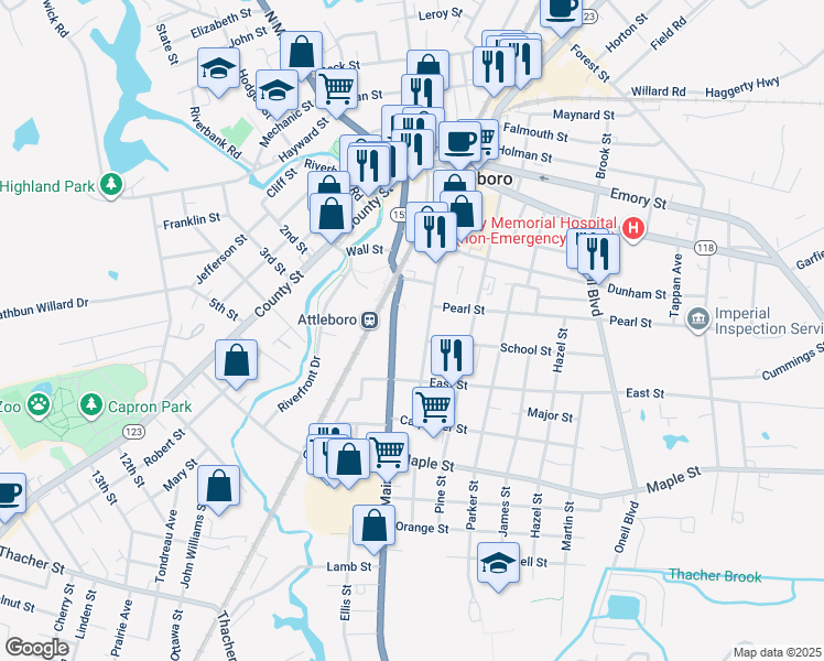 map of restaurants, bars, coffee shops, grocery stores, and more near 130 South Main Street in Attleboro