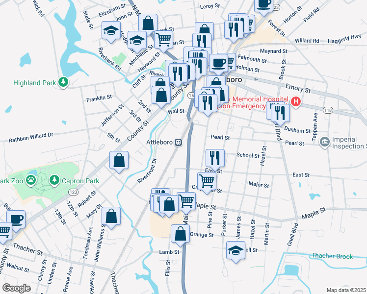 map of restaurants, bars, coffee shops, grocery stores, and more near 130 South Main Street in Attleboro