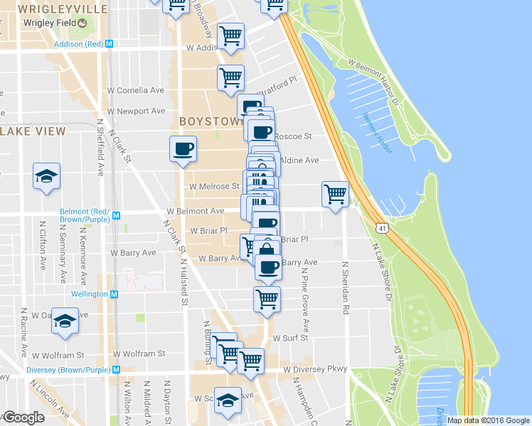 map of restaurants, bars, coffee shops, grocery stores, and more near 625 West Belmont Avenue in Chicago