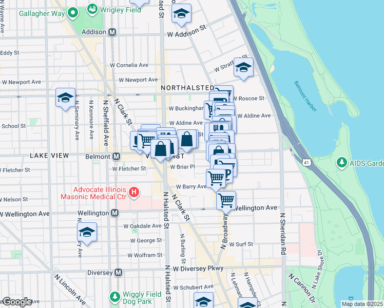 map of restaurants, bars, coffee shops, grocery stores, and more near 3165 North Orchard Street in Chicago